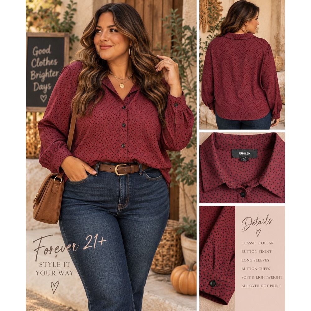 Forever 21+ Womens 3X Burgundy Polka Dot Button Down Long Sleeve Blouse Top